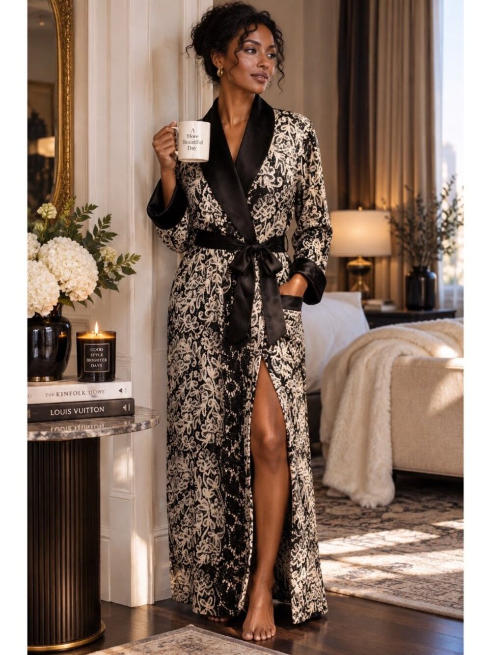 Oscar de la Renta Long Robe M Black Ivory Lace Print Satin Trim Belted 54”